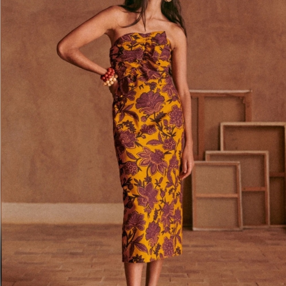Sezane Strapless Dress - Yellow and Purple Floral
